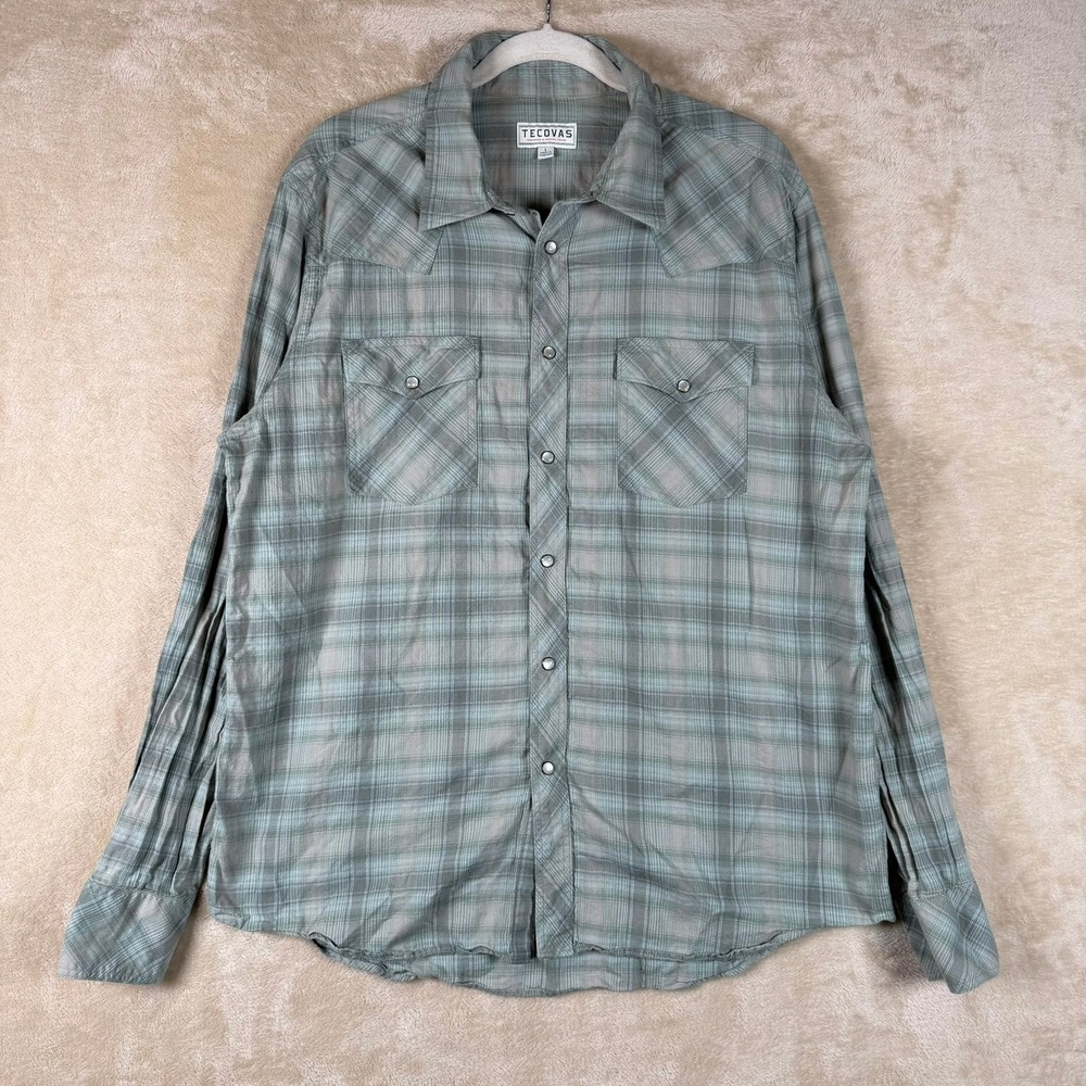 TECOVAS Mens Long Sleeve Green Plaid Western Shirt Pearl Snap Button Down Size L